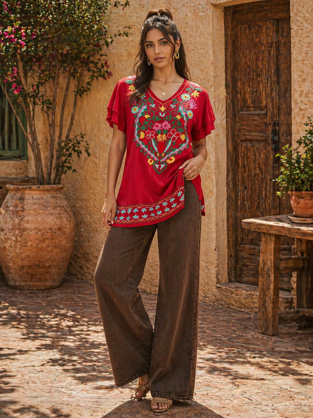Crimson Blossom Embroidered Top