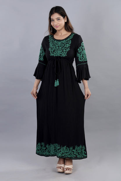 Create A Statement Green ON Black Embroidered Dress