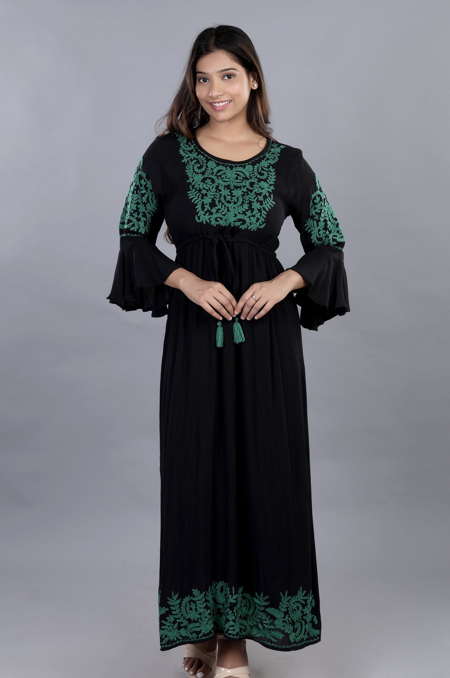 Create A Statement Green ON Black Embroidered Dress