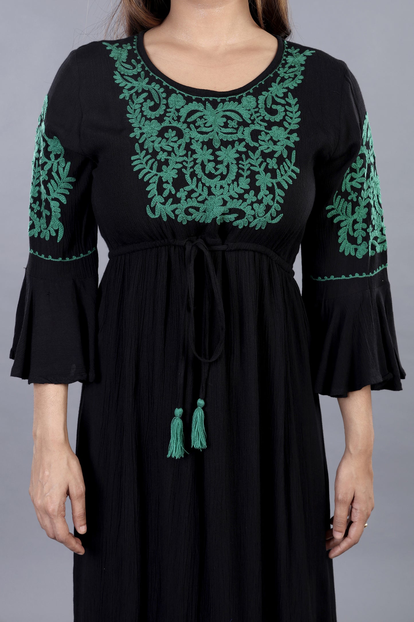 Create A Statement Green ON Black Embroidered Dress