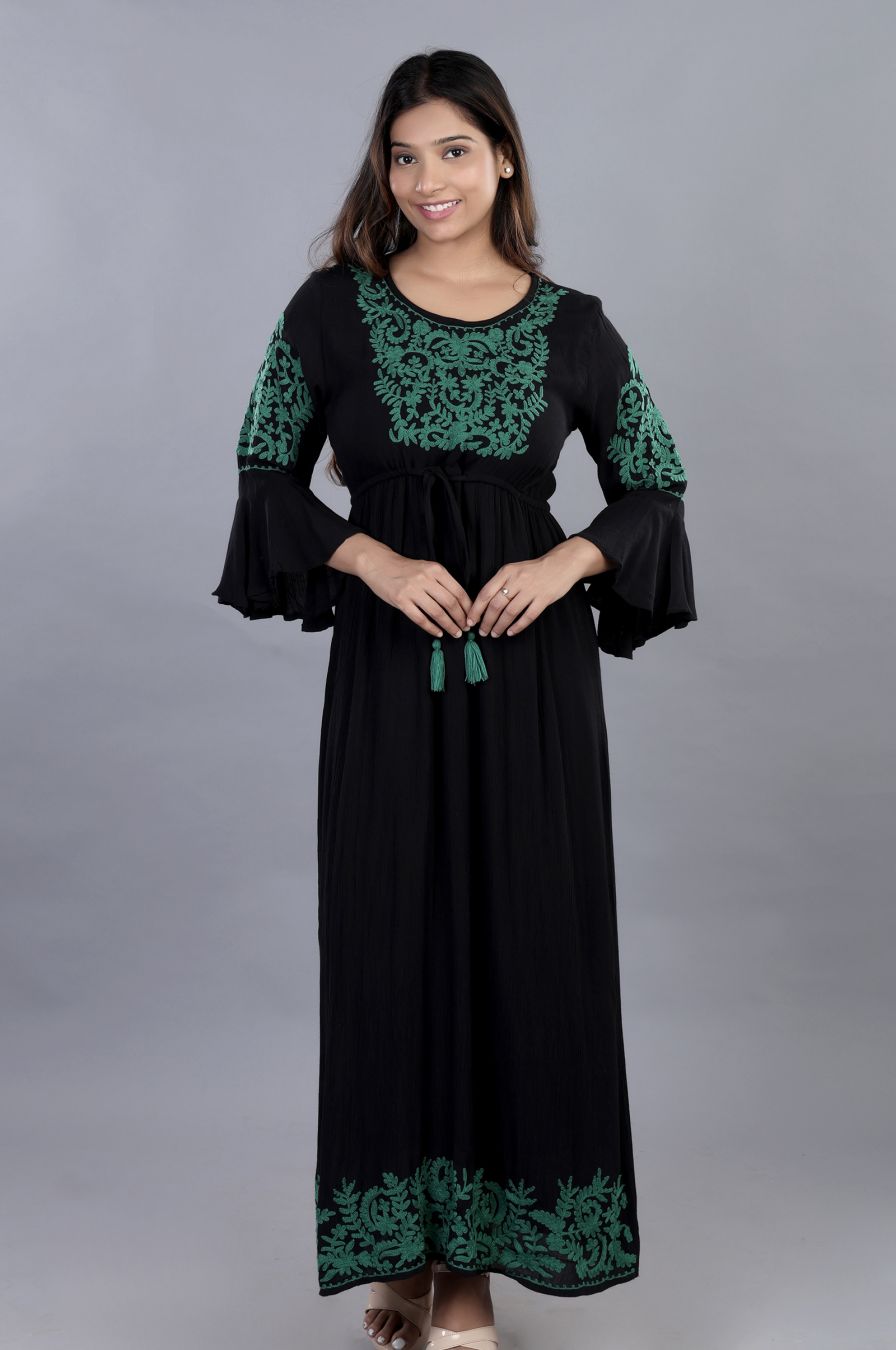 Create A Statement Green ON Black Embroidered Dress 